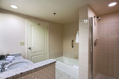 Separate tub and shower, free toiletries, hair dryer, towels