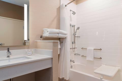 Combined shower/tub, free toiletries, hair dryer, towels