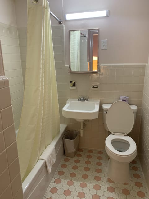 Combined shower/tub, free toiletries, towels