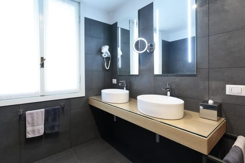 Shower, hydromassage showerhead, designer toiletries, hair dryer