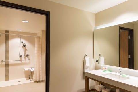 Designer toiletries, hair dryer, towels