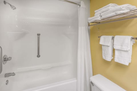 Combined shower/tub, free toiletries, hair dryer, towels