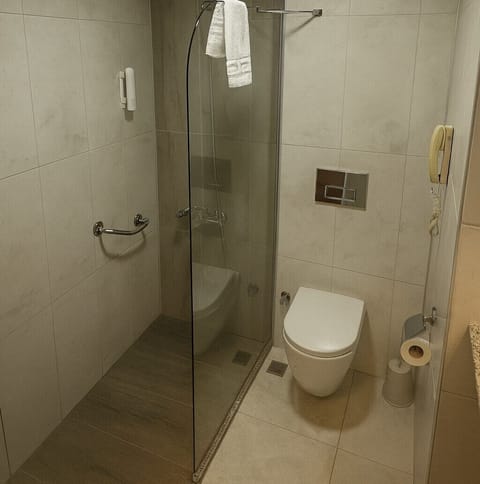 Shower, hair dryer, bathrobes, towels