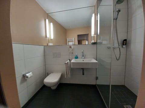 Shower, free toiletries, hair dryer, slippers