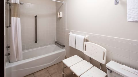 Combined shower/tub, eco-friendly toiletries, hair dryer, towels