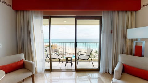 Deluxe Ocean View | Living area | 40-inch LED TV with satellite channels, TV, iPod dock