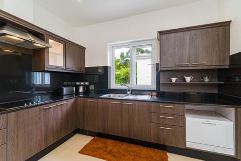 Luxury Villa | Private kitchen | Full-size fridge, microwave, oven, stovetop