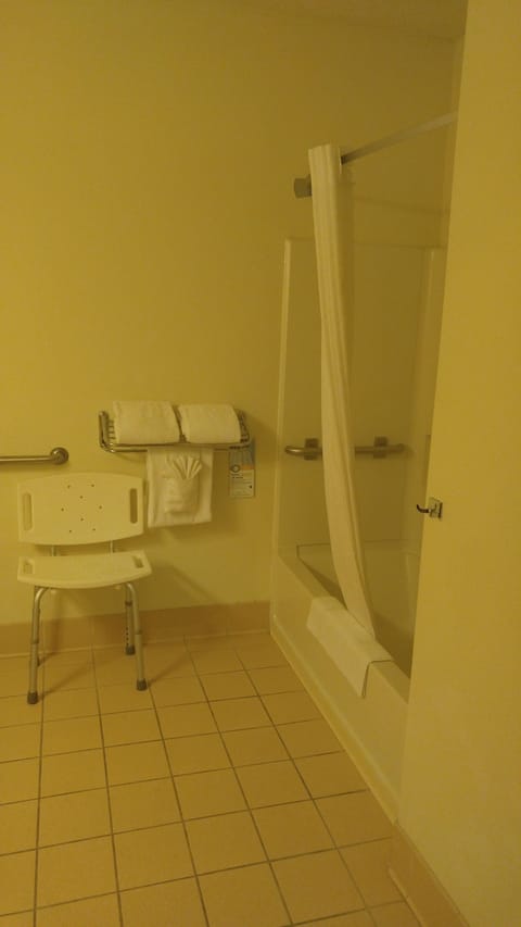 Combined shower/tub, free toiletries, hair dryer, towels