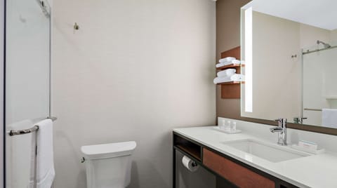 Combined shower/tub, free toiletries, hair dryer, towels