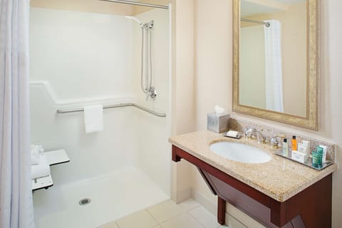 One King Bed, Roll In Shower | Bathroom | Shower, free toiletries, hair dryer, towels