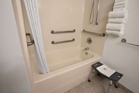 Combined shower/tub, free toiletries, hair dryer, towels