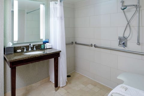 Room, 1 King Bed, Accessible (Roll-In Shower) | Bathroom | Combined shower/tub, designer toiletries, hair dryer, towels