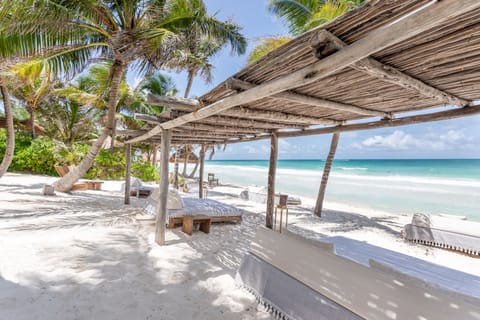 Private beach, white sand, sun loungers, beach umbrellas