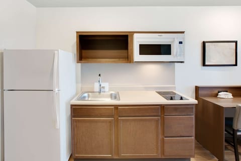 Full-size fridge, microwave, stovetop