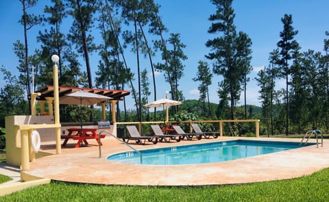 Outdoor pool, pool umbrellas, sun loungers