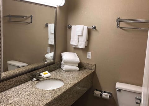 Combined shower/tub, free toiletries, hair dryer, towels