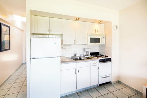 Deluxe Studio, Ocean View | Private kitchenette | Full-size fridge, microwave, stovetop, dishwasher