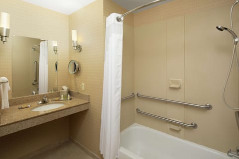 Combined shower/tub, free toiletries, hair dryer, towels