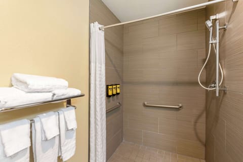 Standard Room, 2 Queen Beds, Accessible, Refrigerator & Microwave | Bathroom | Shower, hair dryer, towels