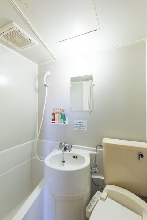 Combined shower/tub, free toiletries, hair dryer, slippers