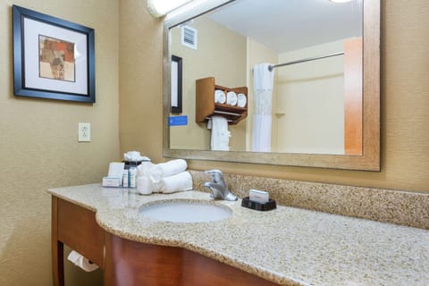 Combined shower/tub, free toiletries, hair dryer, towels