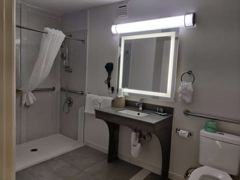 Combined shower/tub, free toiletries, hair dryer, towels