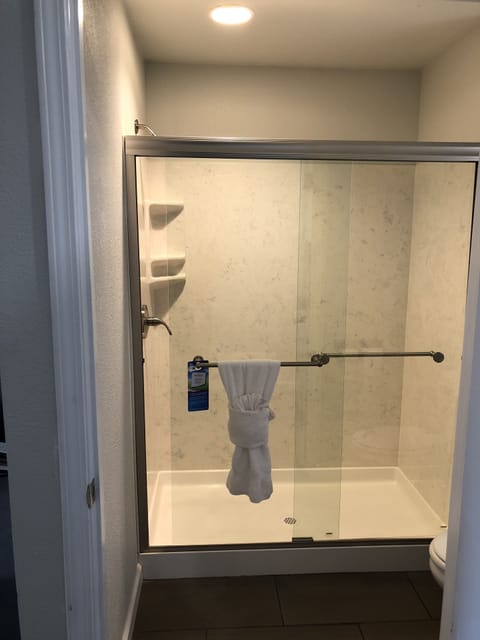 Combined shower/tub, hair dryer, towels