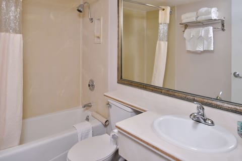 Combined shower/tub, free toiletries, hair dryer, towels