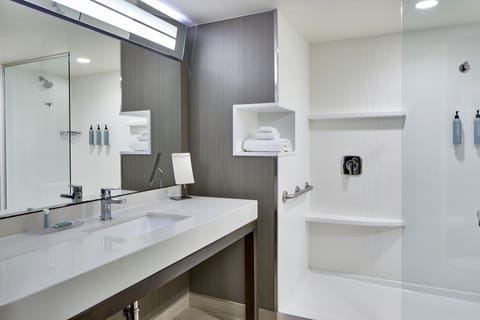 Combined shower/tub, hair dryer, towels