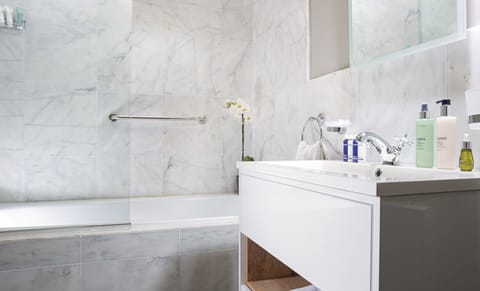 Shower, rainfall showerhead, designer toiletries, hair dryer