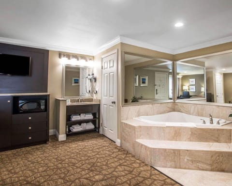 Superior Room, 1 King Bed with 2-person In Room Whirlpool, Non Smoking | Bathroom | Combined shower/tub, free toiletries, hair dryer, towels