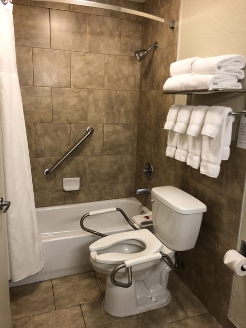 Combined shower/tub, deep soaking tub, free toiletries, hair dryer