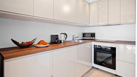 Deluxe Apartment | Private kitchen | Fridge, microwave, stovetop, dishwasher