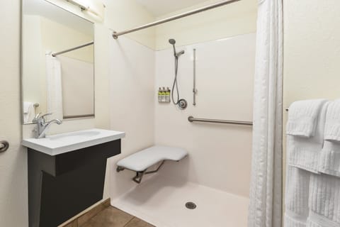 Combined shower/tub, free toiletries, hair dryer, towels