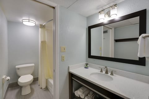 Combined shower/tub, free toiletries, hair dryer, towels