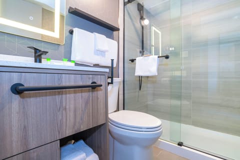 Combined shower/tub, eco-friendly toiletries, hair dryer, towels