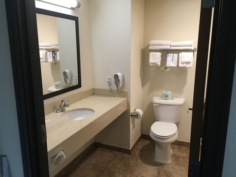 Combined shower/tub, free toiletries, hair dryer, towels