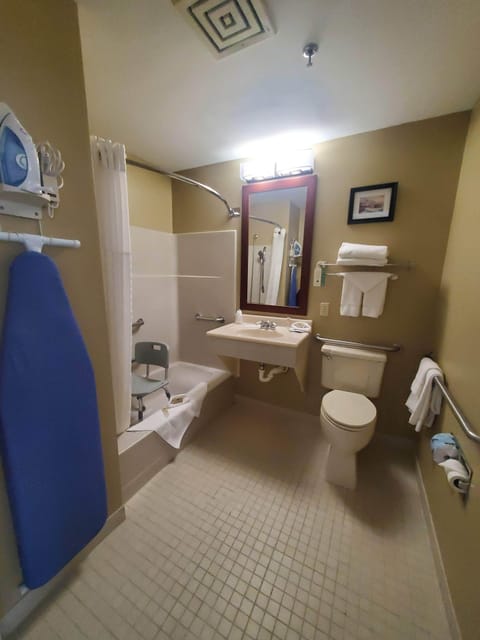 Combined shower/tub, free toiletries, hair dryer, towels