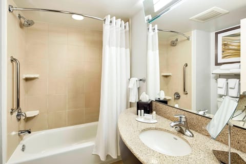 Combined shower/tub, free toiletries, hair dryer, towels