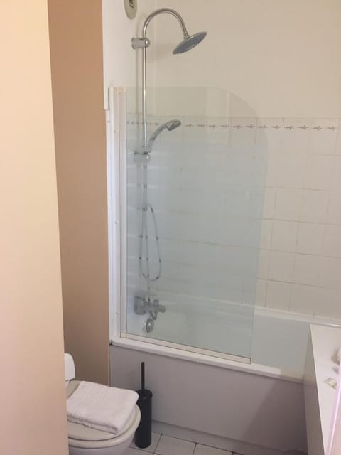 Combined shower/tub, free toiletries, hair dryer, towels