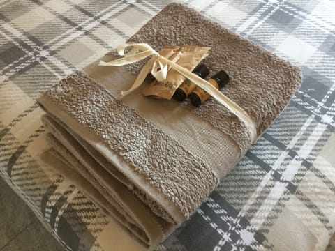 Shower, rainfall showerhead, free toiletries, hair dryer