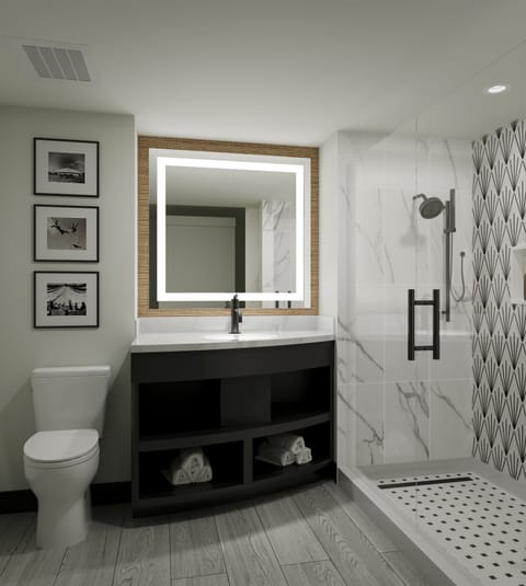 Combined shower/tub, hair dryer, towels