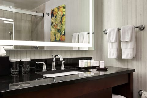 Designer toiletries, hair dryer, towels, soap