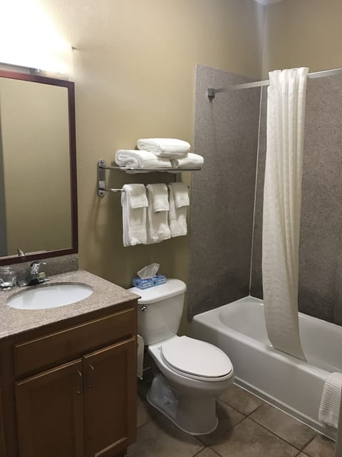 Combined shower/tub, free toiletries, hair dryer, towels