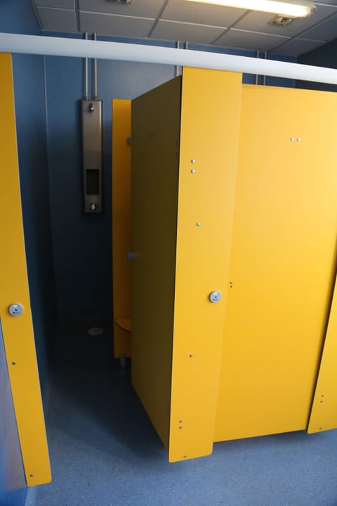 Shower, hair dryer, soap, shampoo