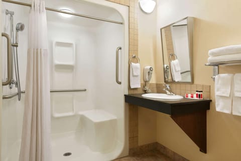 Combined shower/tub, free toiletries, hair dryer, towels