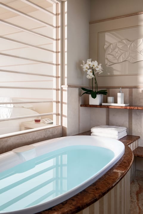 Separate tub and shower, free toiletries, hair dryer, bathrobes