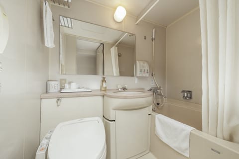 Combined shower/tub, free toiletries, hair dryer, electronic bidet