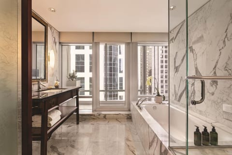 Separate tub and shower, free toiletries, hair dryer, bathrobes