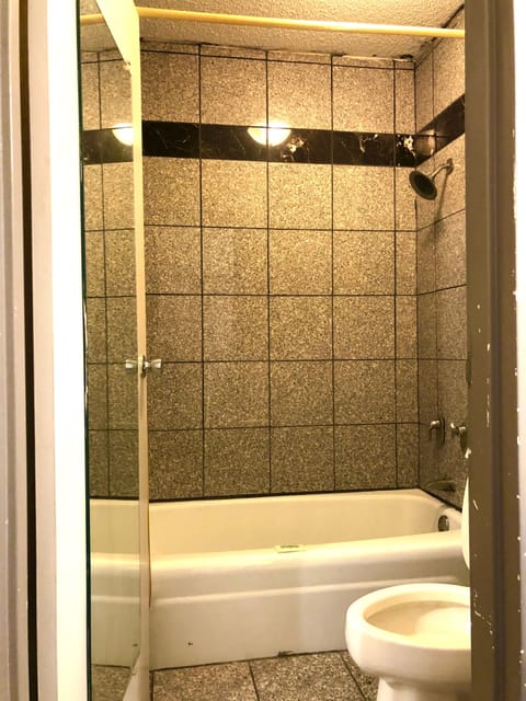 Combined shower/tub, free toiletries, towels